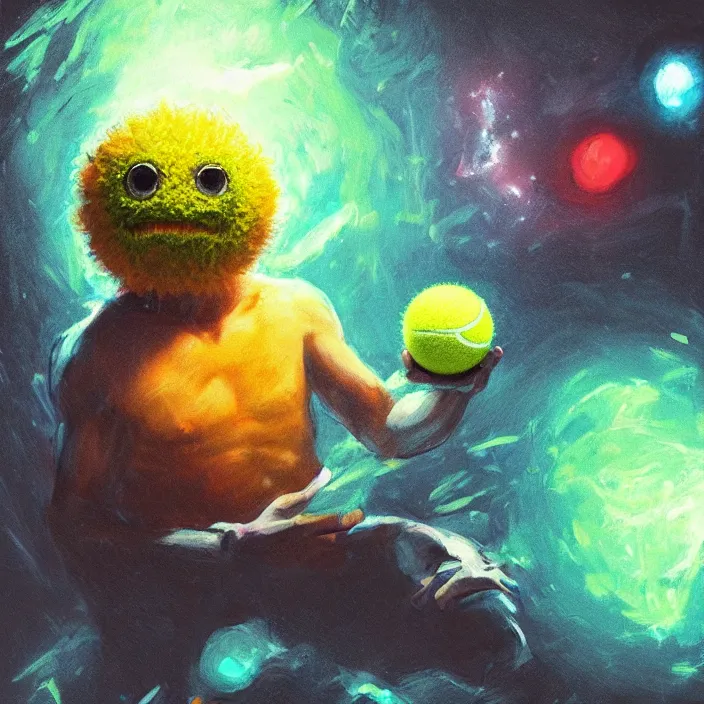 Image similar to cinematic portrait of a cute tennis ball monster in the abyss of space, chalk, masterpiece, trending on artstation, featured on pixiv, cinematic composition, dramatic pose, beautiful lighting, sharp details, hyper-detailed, HD, HDR, 4K, 8K, art by Basil Gogos