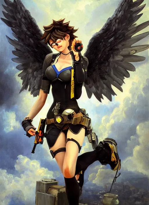 Image similar to oil painting of tracer overwatch in the style of sophie anderson, on knees, angel wings, black outfit, dramatic painting,