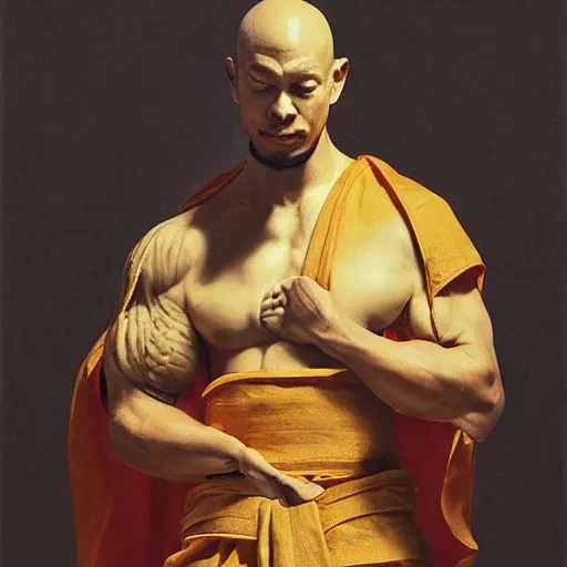 Image similar to turtle bodybuilder wearing a monk robes holding incense burner. natural lighting by ruan jia, portrait