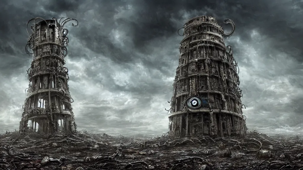 Prompt: A tower with an Eyeball at the top, BioMechanical like Giger, with tentacles coming out, looking over a stormy post-apocalyptic wasteland, dystopian art, wide lens