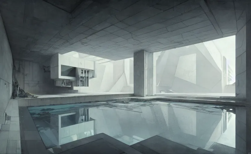 Prompt: painting of interior shot of a white concerete brutalist house architecture with big pools by darek zabrocki, alphonse mucha and greg ruthkowski, cinematic and cold atmospheric, archillect concept art, artstation, trending on artstation