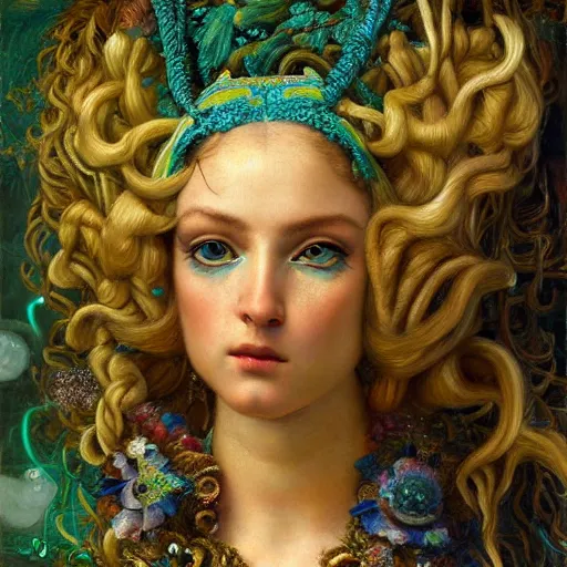 Image similar to intricate detail, hyper detail, by gaston bussiere, sandro botticelli, lady of elche, techno mystic princess intergalactica, inanna, ashteroth, with neon aqua rapunzel dreadlocks, detailed, masterpiece, sharp focus,