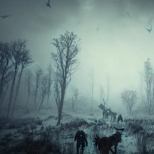 Prompt: the wild hunt, wraiths riding in the sky, mares of diomedes, bad omen, enchanted forest, blizzard storm, fog, full moon, snowy environment, in the style of the witcher series, hyperrealism, atmospheric, cinematic, uneasy, breathtaking, award winning, groundbreaking, octane render, unreal 5, intricate digital art, sharp focus, 8 k