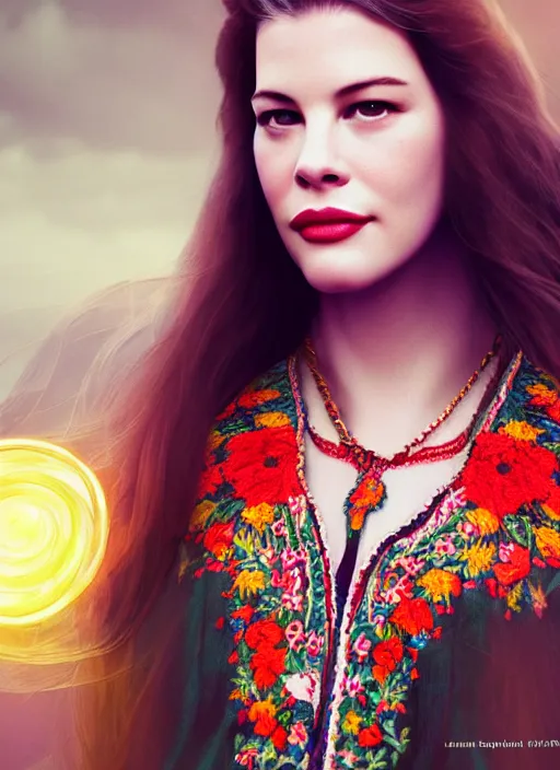 Image similar to young liv tyler, ukrainian national clothes, embroidered shirt, portrait of young woman, 8 k ultra realistic, lens flare, atmosphere, glow, detailed, intricate, full of colour, led lighting, 4 k, hyperrealistic, focused, extreme details, unreal engine 5, masterpiece