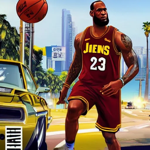 Image similar to lebron james as gta v cover art, sharp details, sharp focus