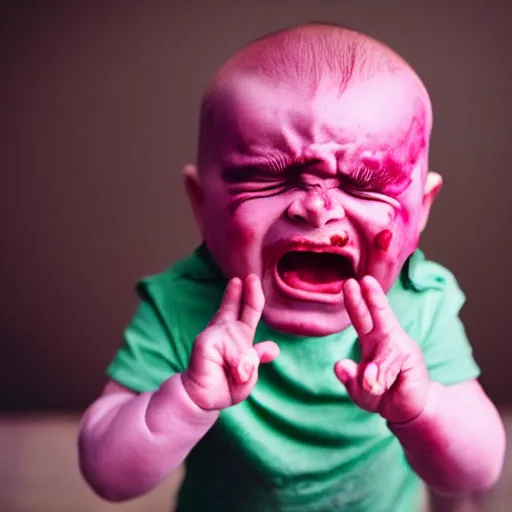 Image similar to dslr photo of an angry baby, screaming, whose head is a red cabbage