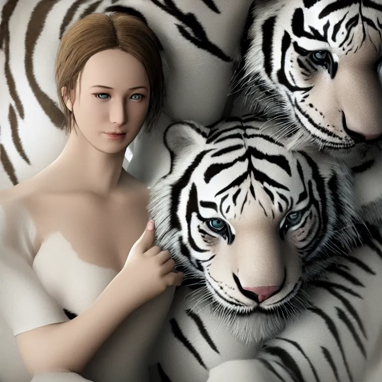 Image similar to hight focus of a wonderful realistic focused sweet wonderful symmetrical mid portrait of a lonely woman with a detailed majestic, large, semi transparent cream cotton dress who is wrestling with a realistic white tiger, dramatic light, octane render - 8 k