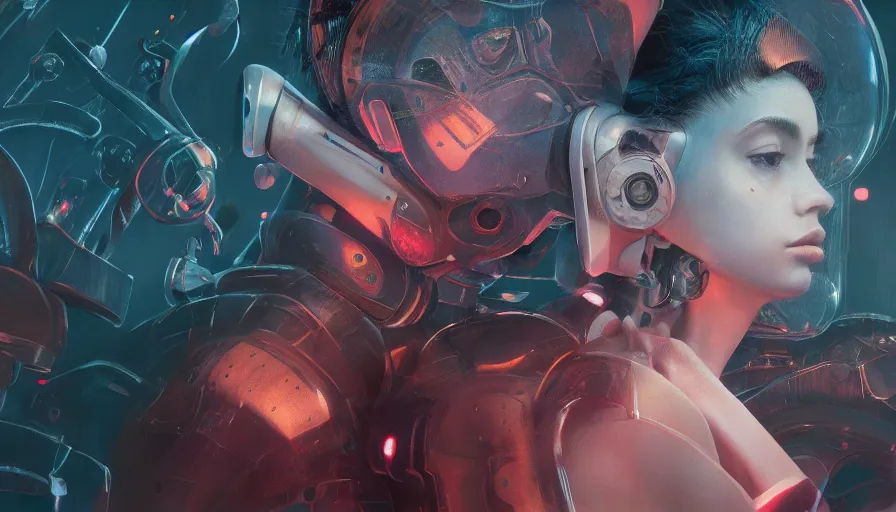 Image similar to intimacy, highly detailed surreal vfx portrait of a robot android, ana de armas, madison beer, stephen bliss, unreal engine, greg rutkowski, loish, rhads, beeple, makoto shinkai and lois van baarle, ilya kuvshinov, rossdraws, tom bagshaw, global illumination, detailed and intricate environment