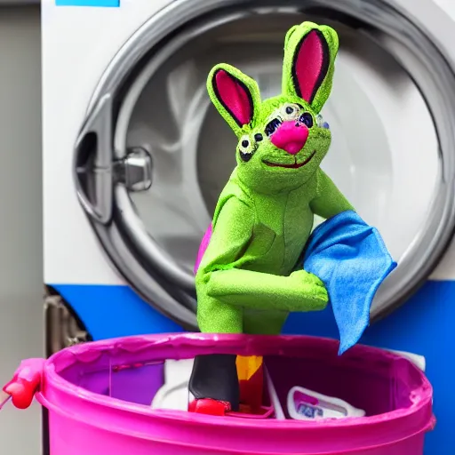 Image similar to plastic toy frog in a bunny suit cleaning up the laundromat, pastel colors