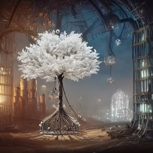 Prompt: an intricate white tree with mechanical flowers inside an intricate futistic cage, suspended in the air above a street of a megalopolis made of sand and glass, matte painting, cinematic, dramatic atmosphere, detailed, atmospheric, wide angle, artstation trending,