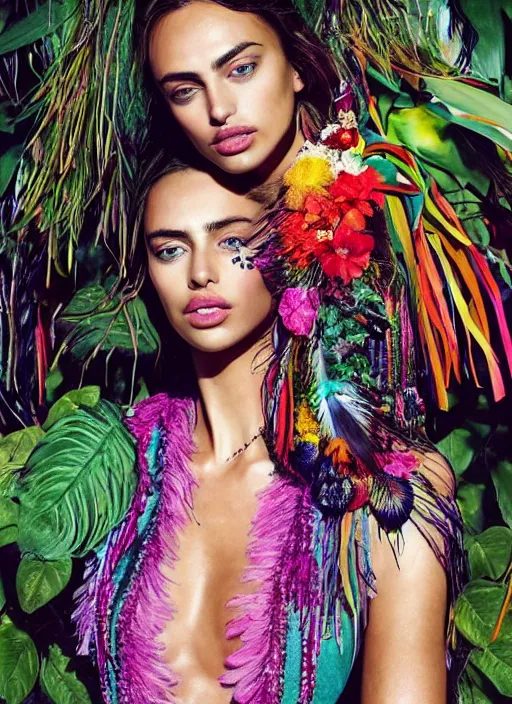 Image similar to beautiful portrait of Irina Shayk wearing fantastic Hand-dyed cotton dress, embellished beaded feather decorative fringe knots ,colorful pigtail,subtropical flowers and plants,summer,dramatic lighting,symmetrical face,intricate,elegant,highly detailed,8k,post-processing,digital painting,trending on pinterest, GUCCI,PRADA,concept art, sharp focus, illustration, by artgerm,Tom Bagshaw,Lawrence Alma-Tadema,greg rutkowski,alphonse Mucha