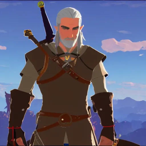 Prompt: Geralt of Rivia in The Legend of Zelda Breath of the Wild