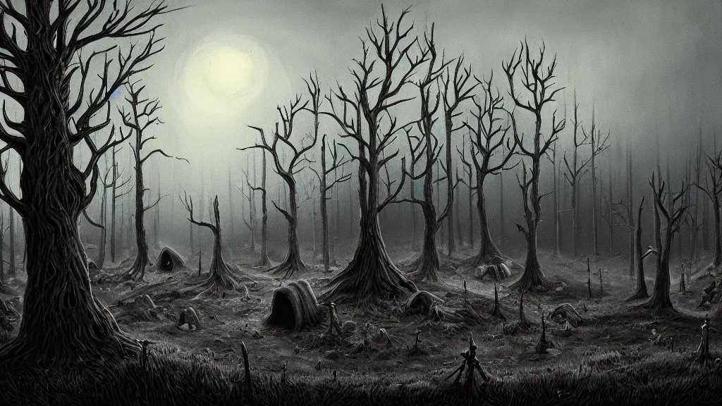 Image similar to folk horror illustration of the place with the dead pines, 8k resolution artwork, horror art, eerie, creepy, trending on artstation, painting, elaborate excellent painted illustration, smooth, sharp focus