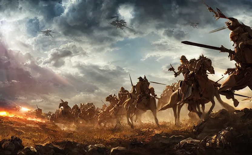 Image similar to epic cinematic artwork overview above an army charging to the enemy with the commander at the front with his sword raised, sun rays on him by greg rutowski