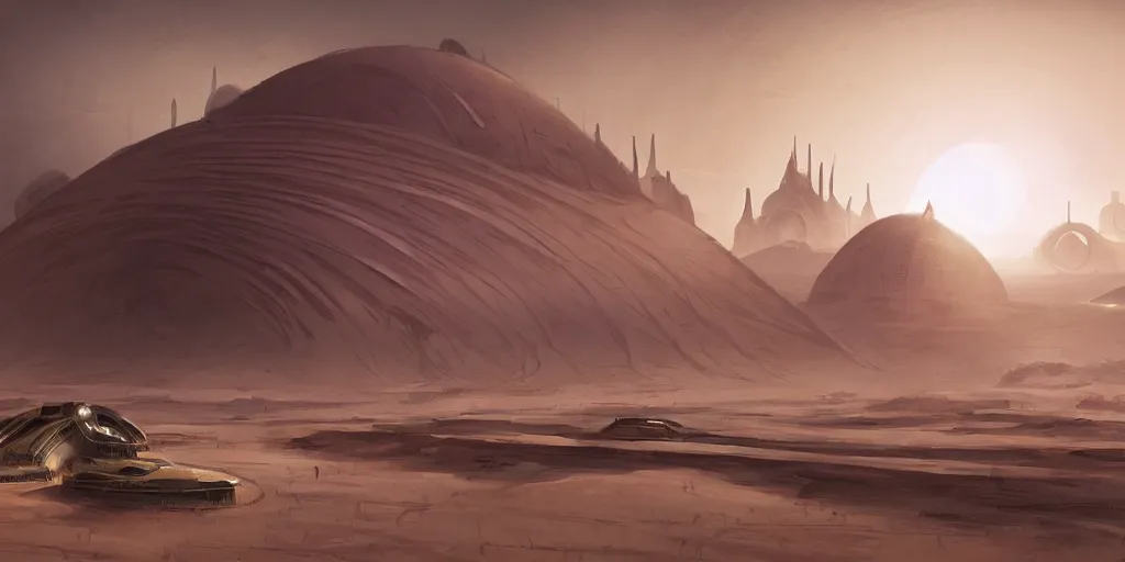 Prompt: dune city and temples of arrakis, arrakeen, from frank herbert novels, composition idea concept art for movies, style of denis villeneuve and greg fraiser