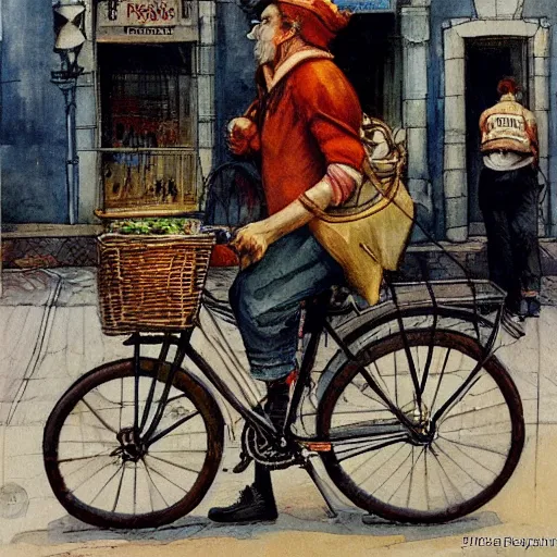 Prompt: a food delivery guy on his bicycle at the streets of Lisbon, art by Stephen Hickman