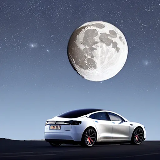 Prompt: tesla 8 5 p flying in the moon