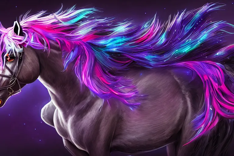 Image similar to a stunning horse with bioluminescent mane and tail by sandra chevrier and greg rutkowski, neon hooves, purple blue color scheme, vaporware, retro, outrun, high key lighting, volumetric light, digital art, highly detailed, fine detail, intricate, ornate, complex, octane render, unreal engine, photorealistic