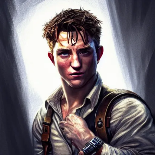 Image similar to A combination ofTom Holland's and Channing Tatum's and Robert Pattinson's faces as Nathan Drake, western, D&D, fantasy, intricate, elegant, highly detailed, digital painting, artstation, concept art, matte, sharp focus, illustration, art by Artgerm and Greg Rutkowski and Alphonse Mucha