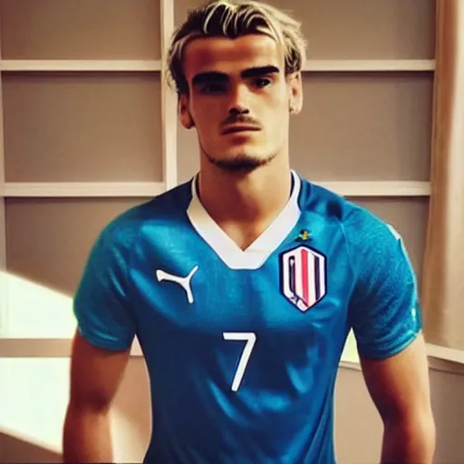 Image similar to a realistic detailed photo of a guy who is an attractive humanoid who is half robot and half humanoid, who is a male android, soccer player antoine griezmann, shiny skin, posing like a statue, blank stare, in a living room, on display, showing off his muscles