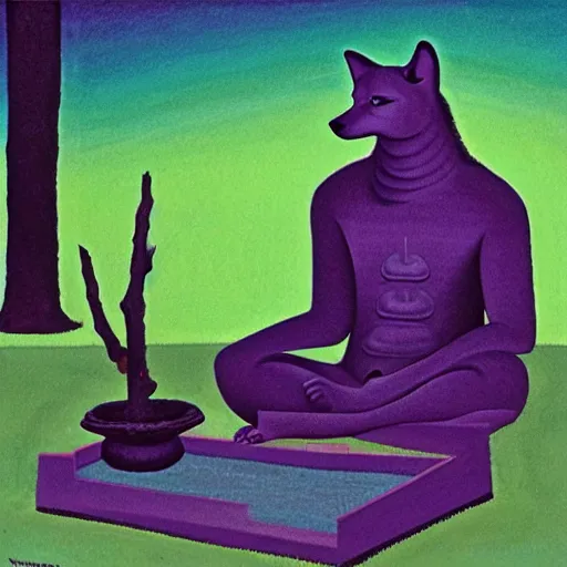 Image similar to an anthromorphic wolf man meditating in a zen garden, by amanda clark and karel thole in a psychedelic style, oil on canvas