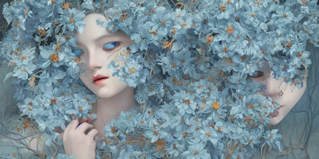 Image similar to breathtaking detailed concept art painting art deco pattern of faces goddesses amalmation light - blue flowers with anxious piercing eyes and blend of flowers and birds, by hsiao - ron cheng and john james audubon, bizarre compositions, exquisite detail, extremely moody lighting, 8 k