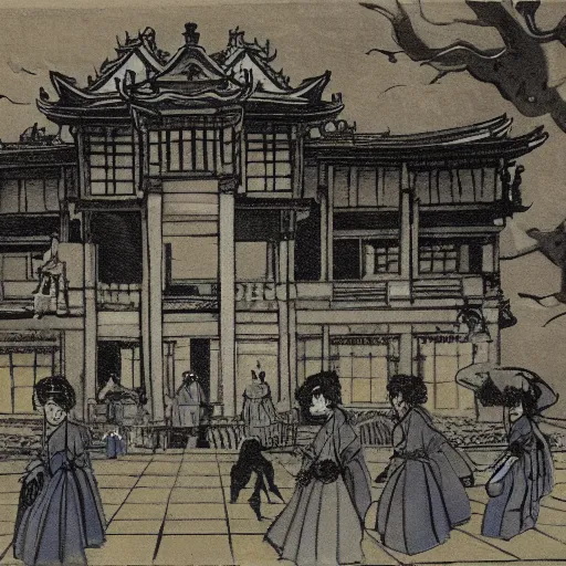 Prompt: A beautiful painting. It was a mansion of ghosts and monsters, with ghouls in the shadows and demons scuttling behind the wainscotting. in Japan by Walter Percy Day