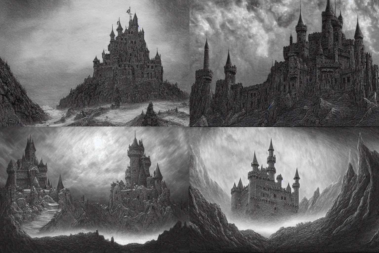 Prompt: hyrule castle in the style of Gustave Dore