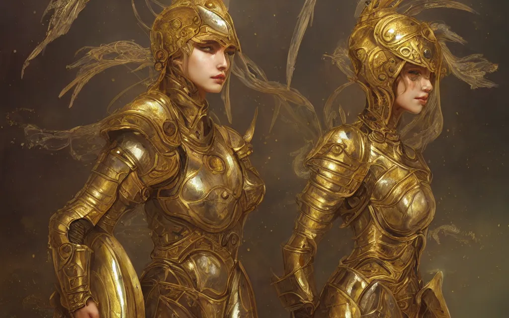 Image similar to portrait knights of zodiac girl, golden color steel armor, in ruined agora of athens, ssci - fi and fantasy, intricate and very very beautiful and elegant, highly detailed, digital painting, artstation, concept art, frostbite engine, smooth and sharp focus, illustration, art by tian zi and wlop and alphonse mucha