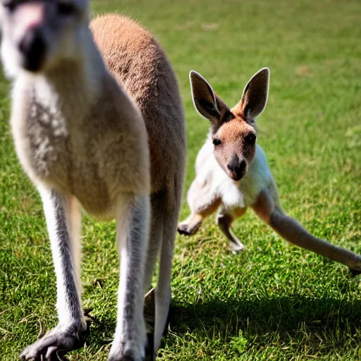 Image similar to a kangaroo and a very cute white rural dog photograph, high quality, award winning