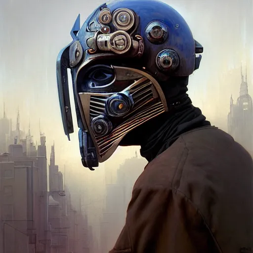 Image similar to a expressive portrait of masked diesel punk helmet on the art deco streets of the big city, artstation, award - winning realistic sci - fi concept art by jim burns and greg rutkowski, beksinski, a realism masterpiece, expressive color palette, james gilleard, bruegel, alphonse mucha, and yoshitaka amano