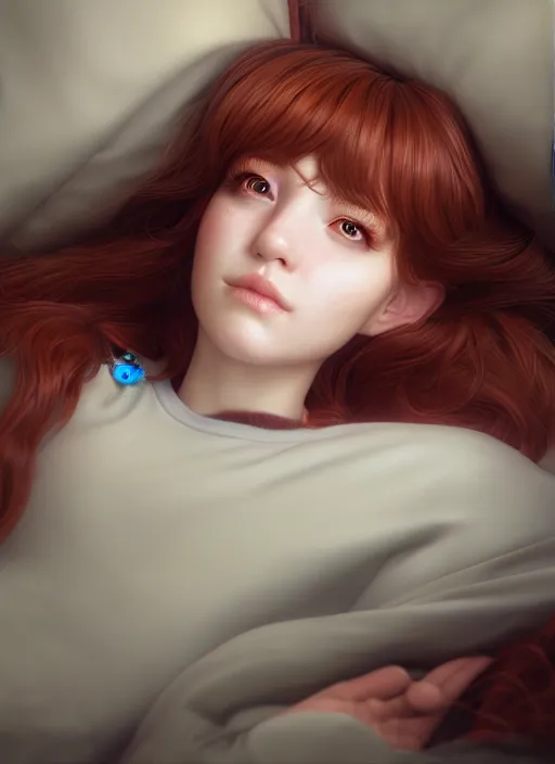 Image similar to sleeping portrait of wendy's mascot wendy thomas, hyper detailed, digital art, trending in artstation, cinematic lighting, studio quality, smooth render, unreal engine 5 rendered, octane rendered, art style by klimt and nixeu and ian sprigger and wlop and krenz cushart.