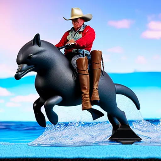 Image similar to john wayne riding a dolphin. action figure by hot toys. studio lighting.