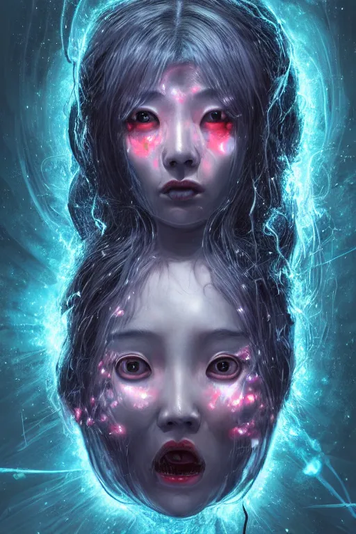 Prompt: kawaii possessed korean female android fused with lovecraft, cosmic entity, the thing, the blob, cable wires as hair, ghostly, holes in the lower jaw, gnarly, portrait, intricate details, by vincent di fate, artgerm, julie bell, beeple and Greg Rutkowski, 80s, concept, Smooth gradients, octane render, 8k, High contrast, duo tone, depth of field, very coherent symmetrical artwork, adorable and super cute