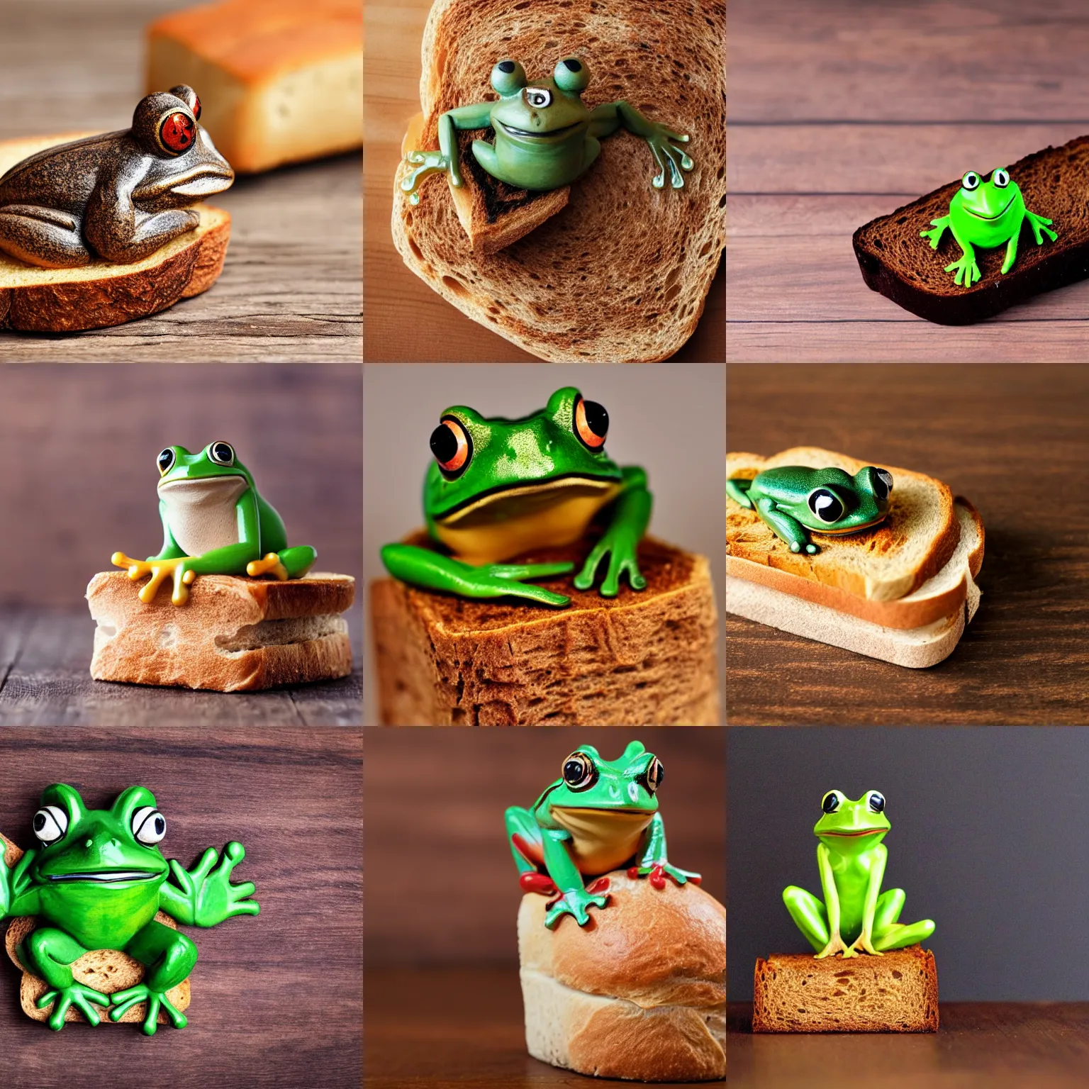 Prompt: A wooden statuette of a frog on a piece of bread. solid Background.