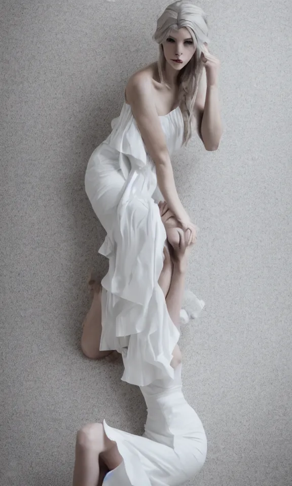 Prompt: photo of gorgeous seductive tall emily skinner cosplaying annie leonhart wearing elegant white dress, legs wearing open toe heels, in a white room, beautiful face, pale skin, rule of thirds, cinematic lighting, sharp focus, backlit, stunning, smooth, hard focus, full body shot, studio photo, shot on sony a 7 iii