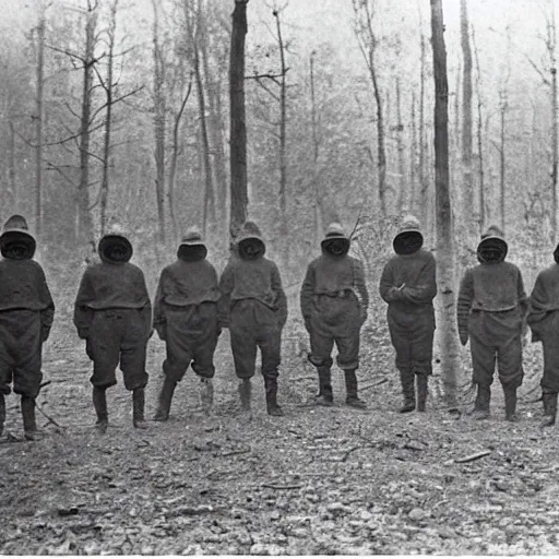 Image similar to “ a group of men wearing gas masks in the forest, 1 9 0 0 ’ s photo ”