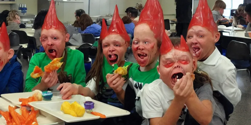 Prompt: cyclops coneheads school lunchroom food fight, detailed facial expressions