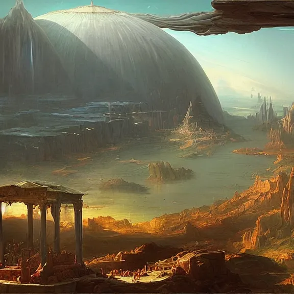 Prompt: “Flan, science fiction matte painting, highly detailed, Thomas Cole”