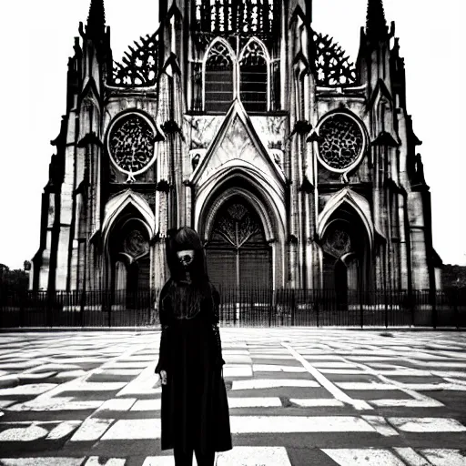 Image similar to gothic girl dressed in black, perfect face, macro head shot, behind her a whole gothic cathedral, perfect photo the full cathedral is visible, wide lens, no decaying lines, the windows of the cathedral are reflecting red flame lights, delicate mandala intricate ornaments