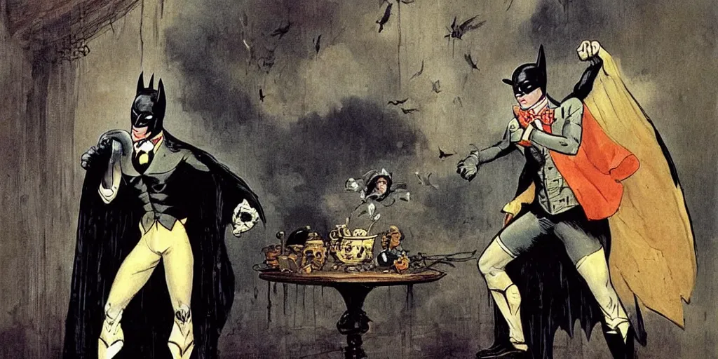 Prompt: Batman in victorian-costume is drinking tea, in style of Jean-Honore Fragonard, surrealist