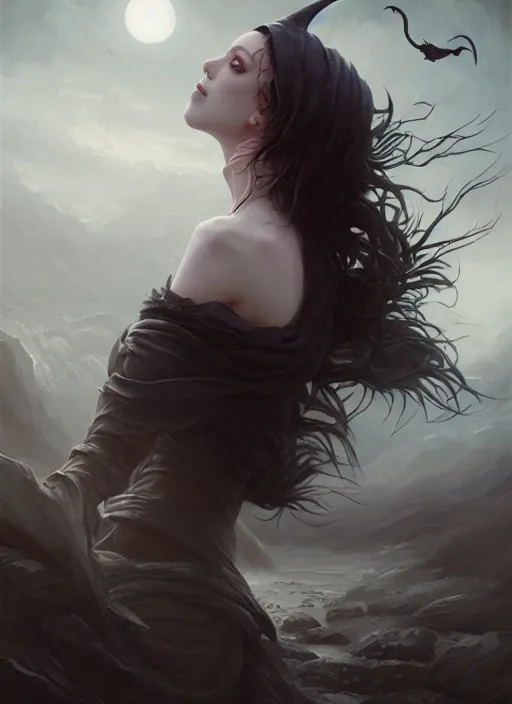 Prompt: witch girl, fine art, awesome, award winning, hyperrealistic symmetrical hyperdetailed dark fantasy landscape, fantasy magic, sensual skin beauty beauty short hair windy, elegant, sharp focus, cinematic lighting, highly detailed, digital painting, concept art, art by wlop and artgerm and greg rutkowski, masterpiece, trending on artstation, 8 k