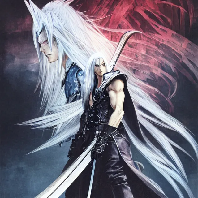 Image similar to Sephiroth illustrated by Akihiko Yoshida, concept art