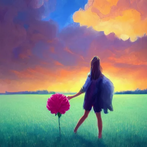 Image similar to girl with a giant carnation head, surreal photography, flower field, sunset dramatic light, impressionist painting, colorful clouds, blue sky, digital painting, artstation, simon stalenhag