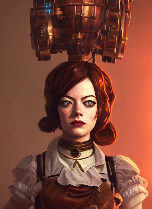 Image similar to Bioshock steampunk portrait of Emma Stone, au naturel, hyper detailed, digital art, trending in artstation, cinematic lighting, studio quality, smooth render, unreal engine 5 rendered, octane rendered, art style by klimt and nixeu and ian sprigger and wlop and krenz cushart