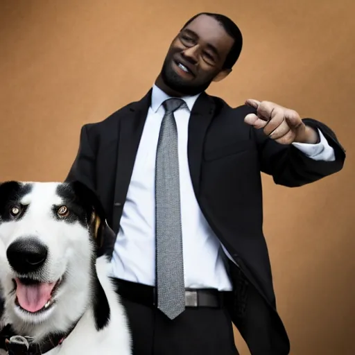 Prompt: a photo of a dog in a suit riding a black man, 4 k