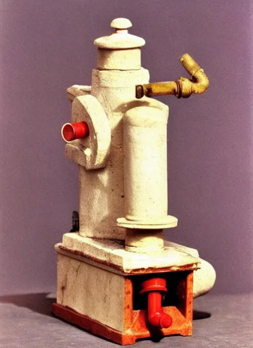 Image similar to ultra very realistic photo of a a medieval temple chemistry appliance pump, made of wood white clay 1 9 9 0, life magazine photo, natural colors, museum collection, kodak