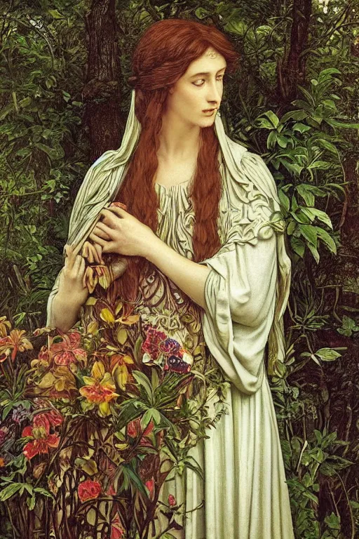 Prompt: beautiful priestess of the forest in a garden | pre-Raphaelites | dramatic lighting | Evelyn De Morgan |