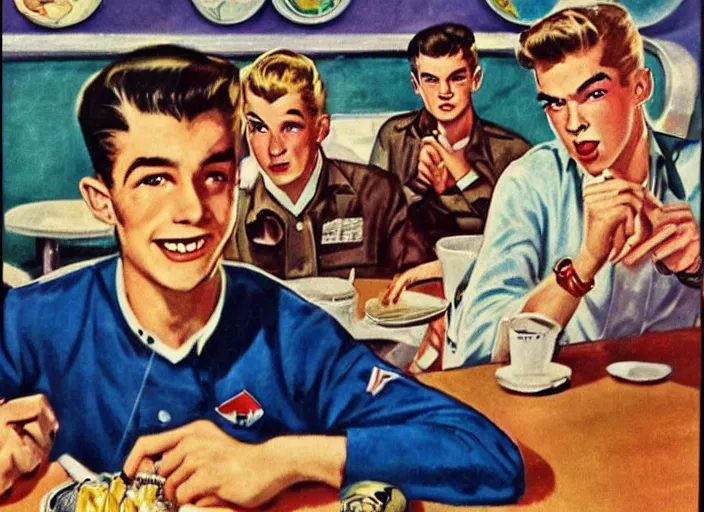 Image similar to 1 9 5 0 s rebel teen male at the local diner, art by guy peellaert and manuel sanjulian and paul cadmus