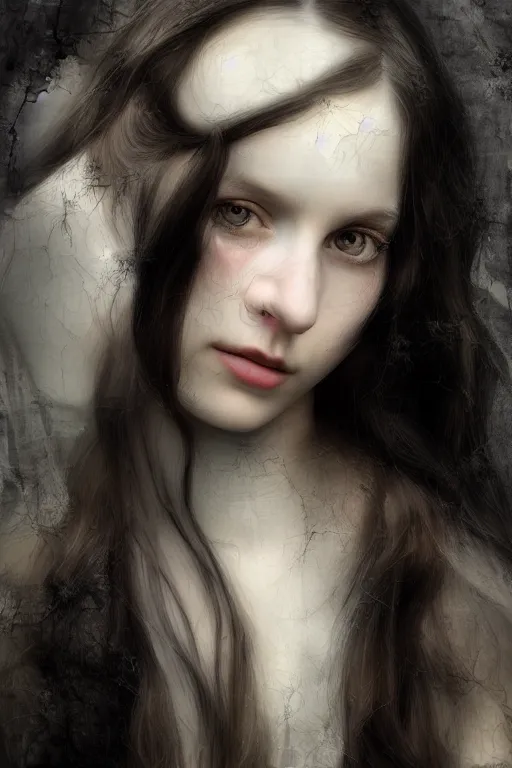 Prompt: glitch, picture portrait,(((((((((((((young woman's face))))))))))))), long black hair, pale skin, digital render, super-detailed , by Millais